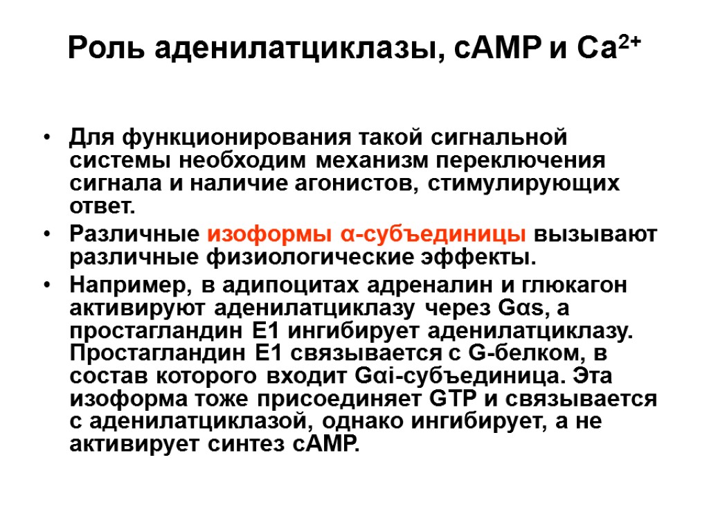 Роль аденилатциклазы, сAMP и Са2+ Для функционирования такой сигнальной системы необходим механизм переключения сигнала